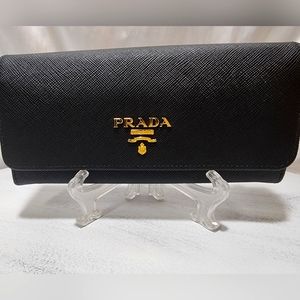 Authentic Prada Saffiano Leather Black Long Wallet w/ Hibiscus Interior
